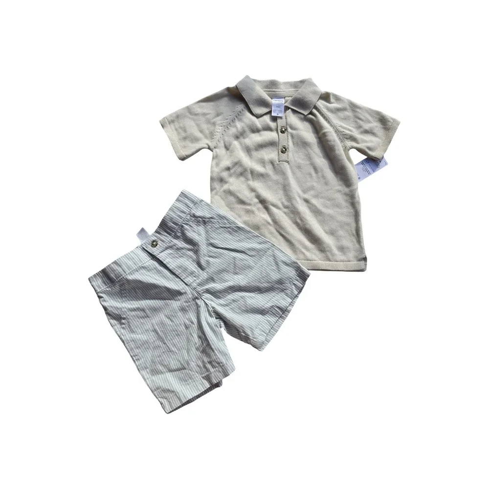 Carters Toddler Boys 2PC Knit Polo Shirt and Striped Shorts Set Cream Blue 24M